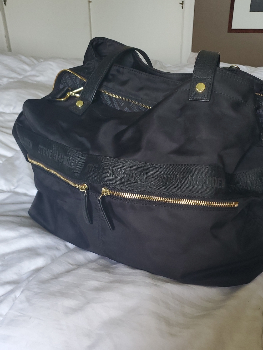 Steve Madden Black Nylon Duffel with Gold Hardware